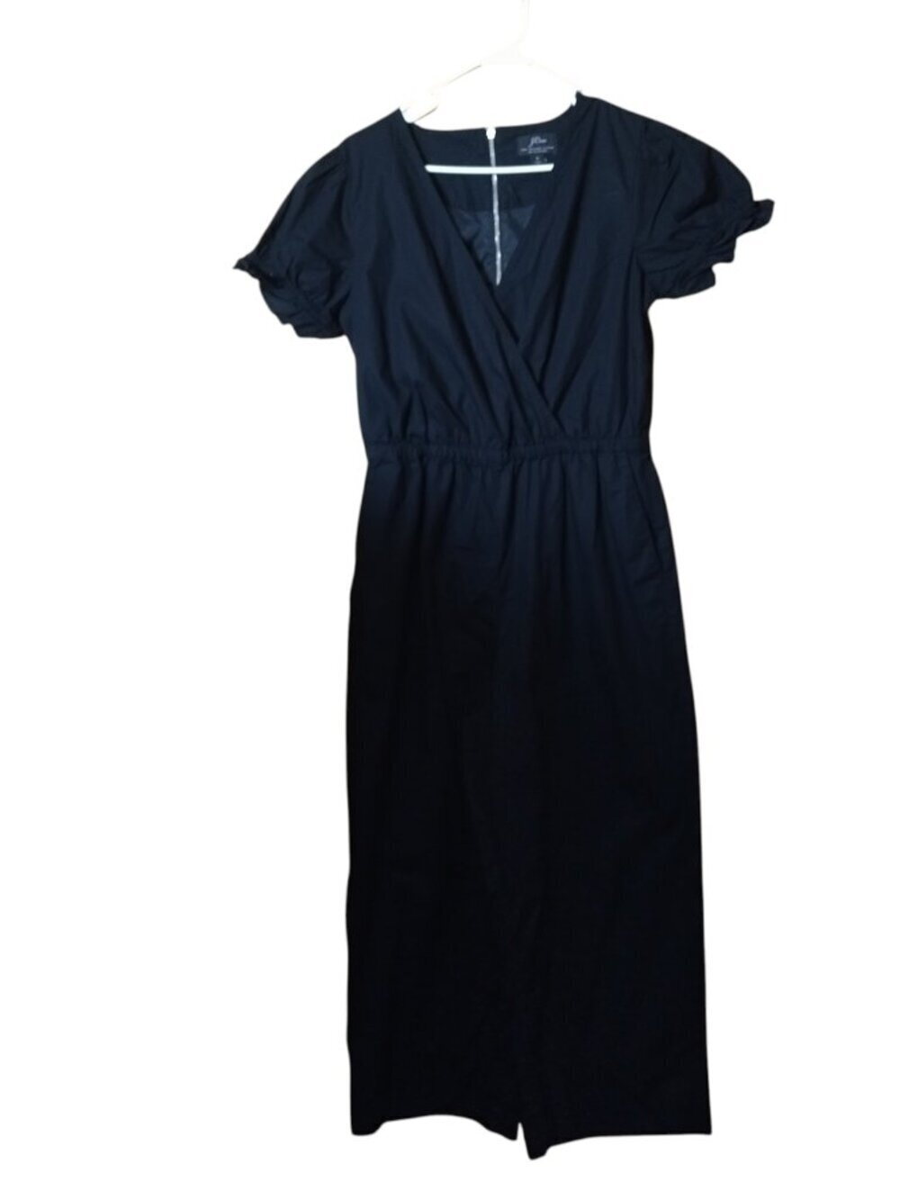J.CREW Black Wide Leg Jumpsuit Short Puff Sleeve Ruffle Elastic Waist Zip Back